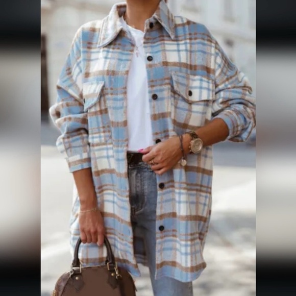 Sky Blue & Beige Long Plaid Shacket NWT - Picture 11 of 14
